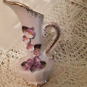 Vintage Hand Made Ceramic Pitcher with Applied Flowers